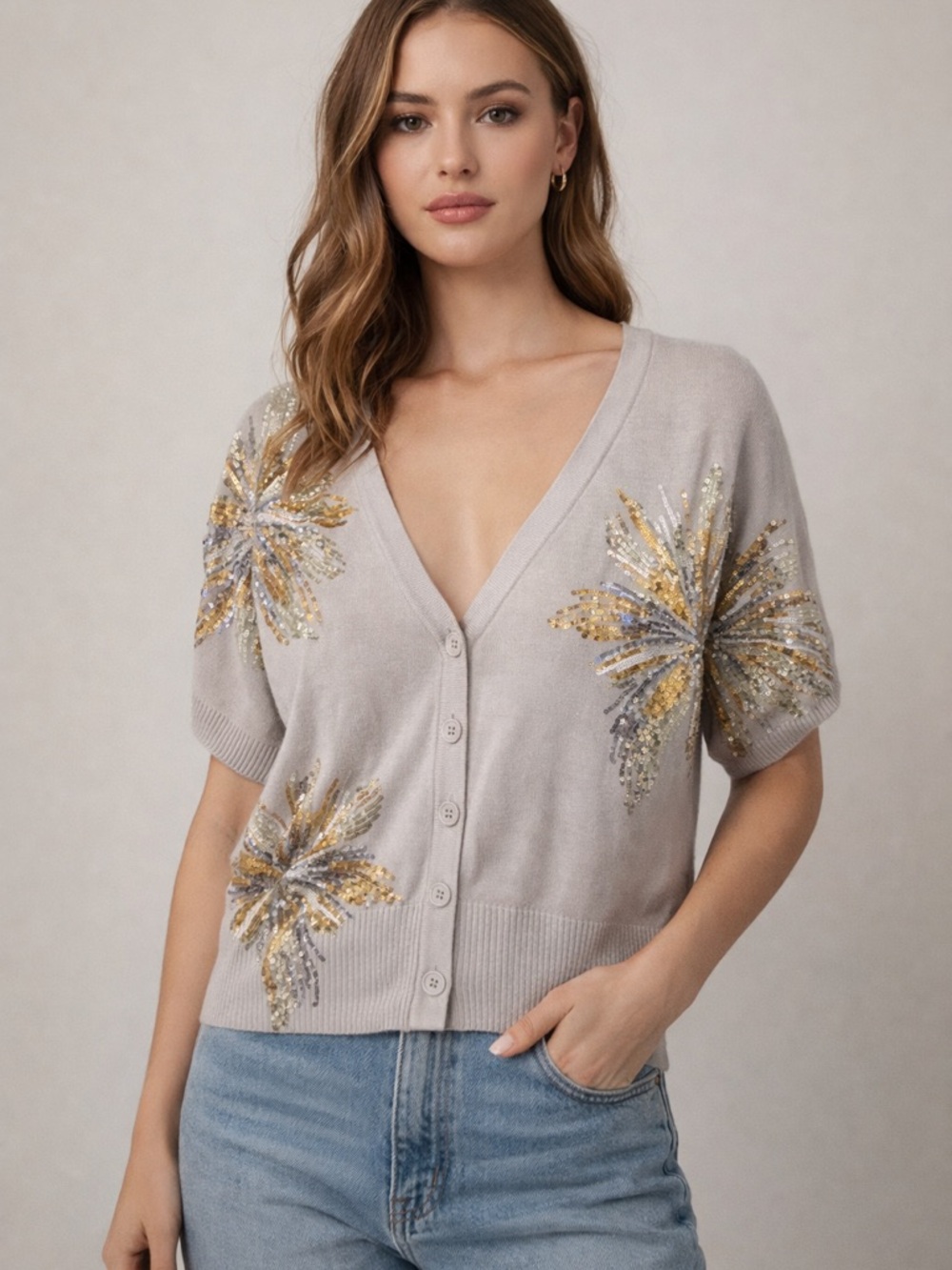 INC International Concepts Light Gray V-Neck Sequin Burst Cardigan